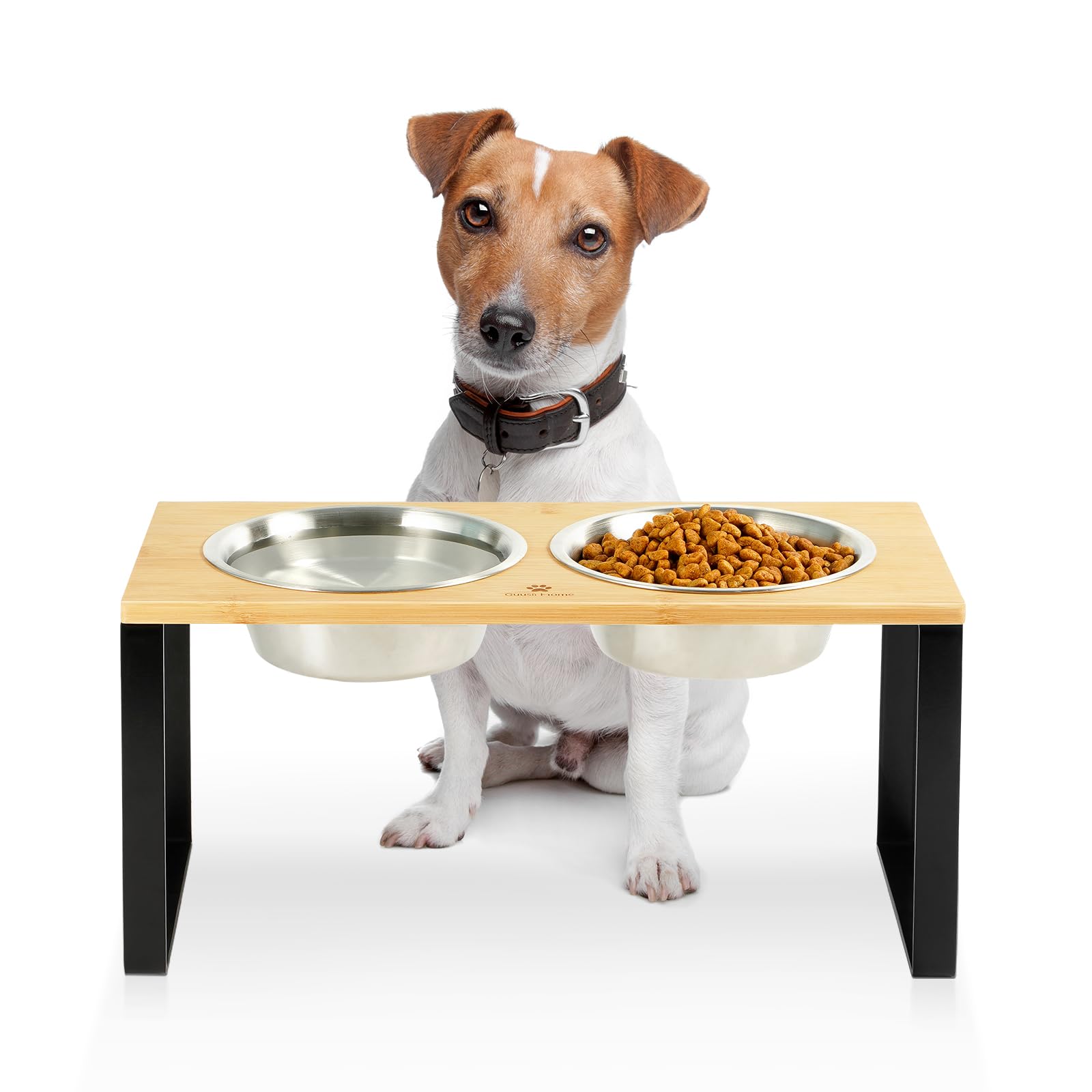 GUUSII HOME Comedero Perro Elevado Soporte Cuenco y Bebedero Alto para Perros Elevador Comederos de Bambú con 2 Cuencos de Acero Inoxidable 900ml Fácil de Montar 42.5 * 20 * 20.5cm