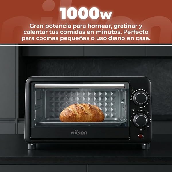 Horno de Sobremesa 10 L, Compacto, 1000 W, Control Mecánico, NHS1000N, Termostato Ajustable, Temperatura Máxima 230º, Temporizador 60 min, Incluye Bandeja Esmaltada y Rejilla Metalica - 5