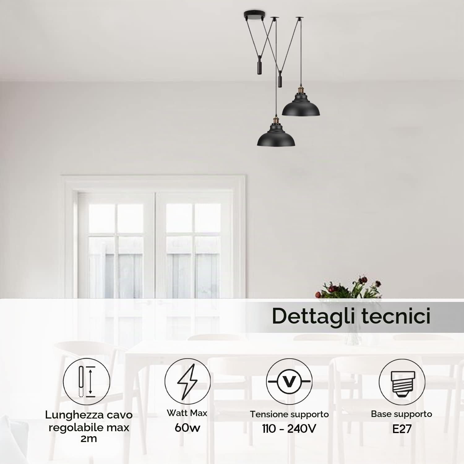 DC VOLTAGE Lampada a Sospensione Moderna a 2 Teste Con Paralume a Cupola In Metallo Facile da Montare Cavo Regolabile da 29 cm Con Base E27 Ideale Per Ufficio Soggiorno Ristorante Sala da Pranzo