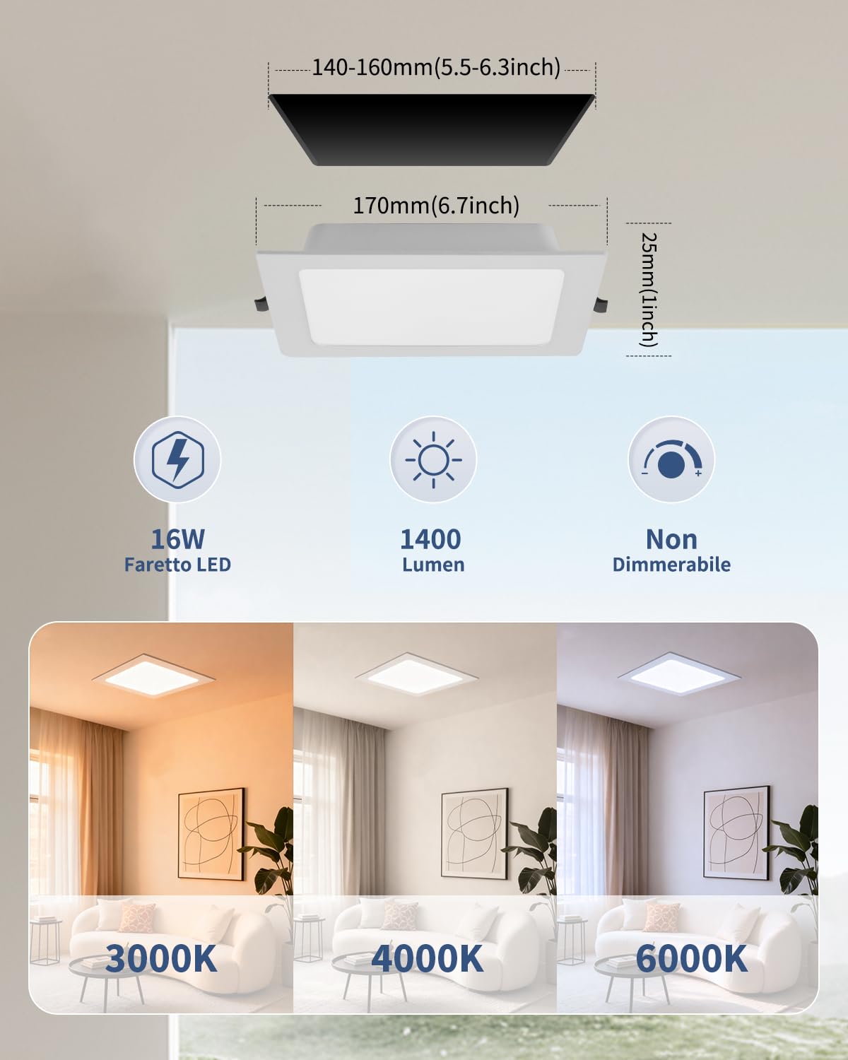 6x Faretti LED da Incasso per Cartongesso Quadrati 16W 3CCT Foro Ø145-160mm | Grebeam Faretti LED Soffitto per Bagno IP44 1400LM, Bianco Caldo 3000K/Bianco Neutro 4000K/Bianco Freddo 6000K Regolabili