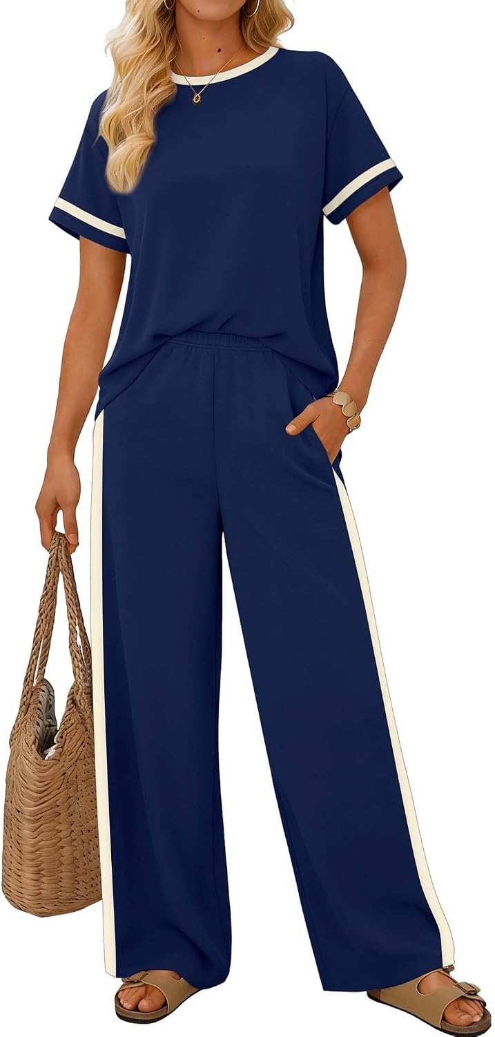 Sampeel 2 Piece Sets for Women Matching Sets Summer Outfits Resort Wear Short Sleeve Lounge Set Wide Leg Pants with Pockets image 2