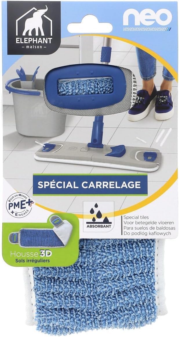 ÉLÉPHANT Maison - Kit Neo Pulse - 2 Housses Incluses - Nettoyage Facile sans Effort & sans Se Mouiller Les Mains - Essorage Rotatif Rapide - Ultra Absorbant - Plastique Recyclé - Fabriqué en France