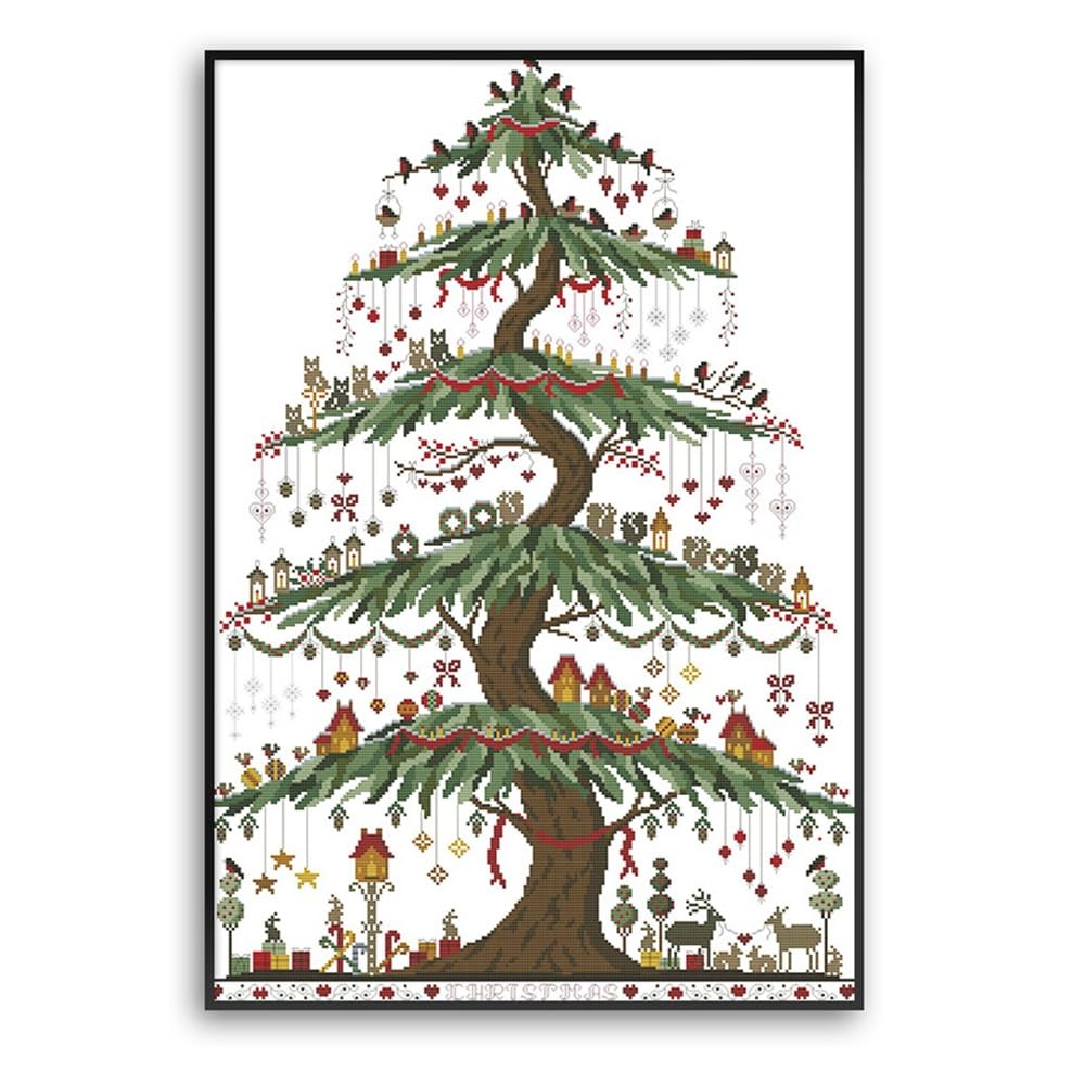 Rosyfoxes Cross Stitch Kits Stamped Full Range of Embroidery Starter Kits for Adult DIY- Printed kit Christmas Tree (2)(Printed) 14ct 2-Strands 18.9×26 inches