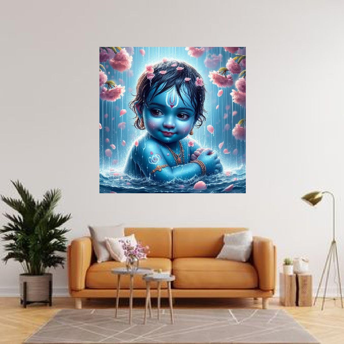Kartikeya Collection Blue Baby Krishna With Flower Wall Poster