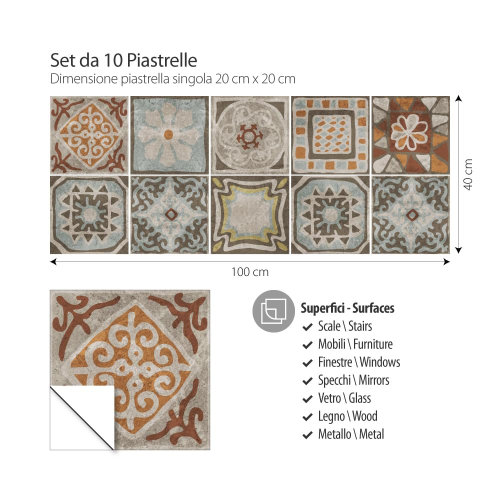 RE-COVERTILES - Adesivi per Piastrelle Bagno e Cucina 10 Pz 20x20 cm - PS00167 Decorazione murale in PVC Impermeabile mattonelle Mosaico Stile cementine Azulejos