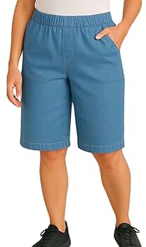 Women's Pull on Bermuda Jean Shorts in Cotton Blend Denim or