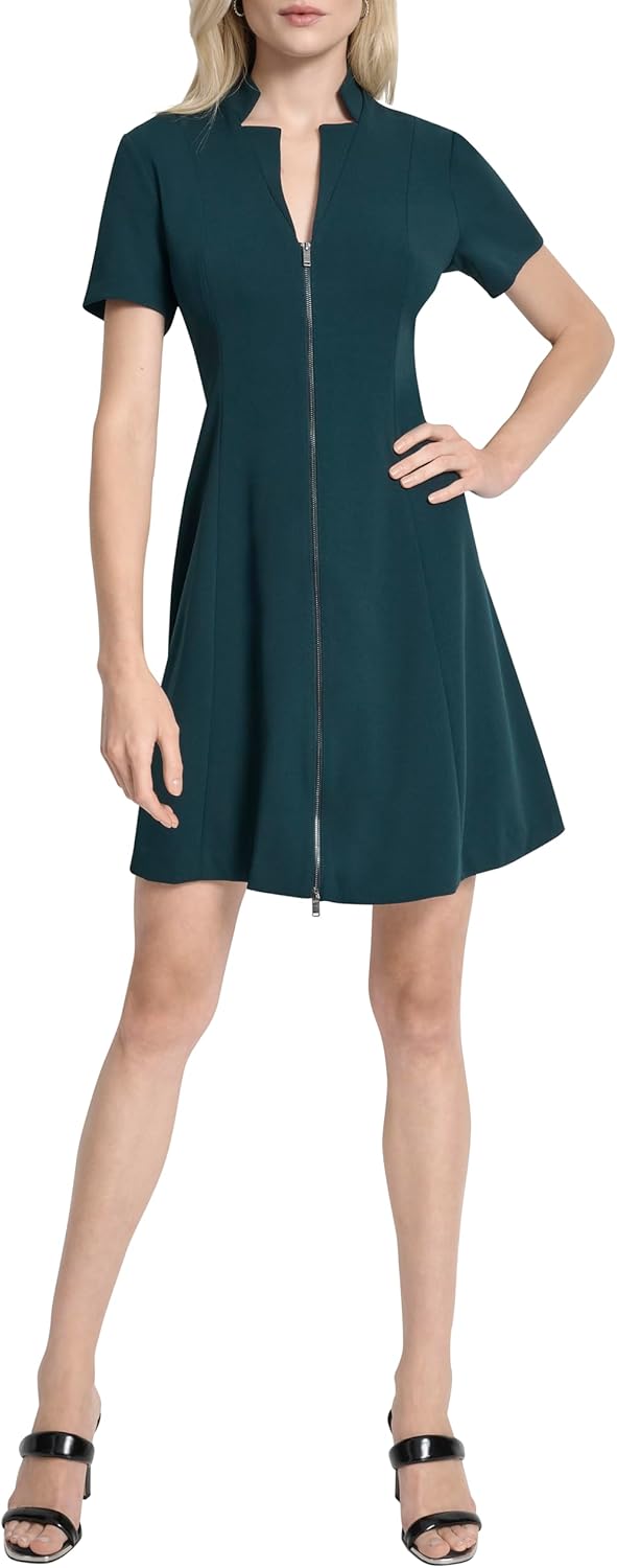 DKNY Womens Short Sleeve V-Neck Zipper Front Scuba Crepe Mini Dress - Image 2