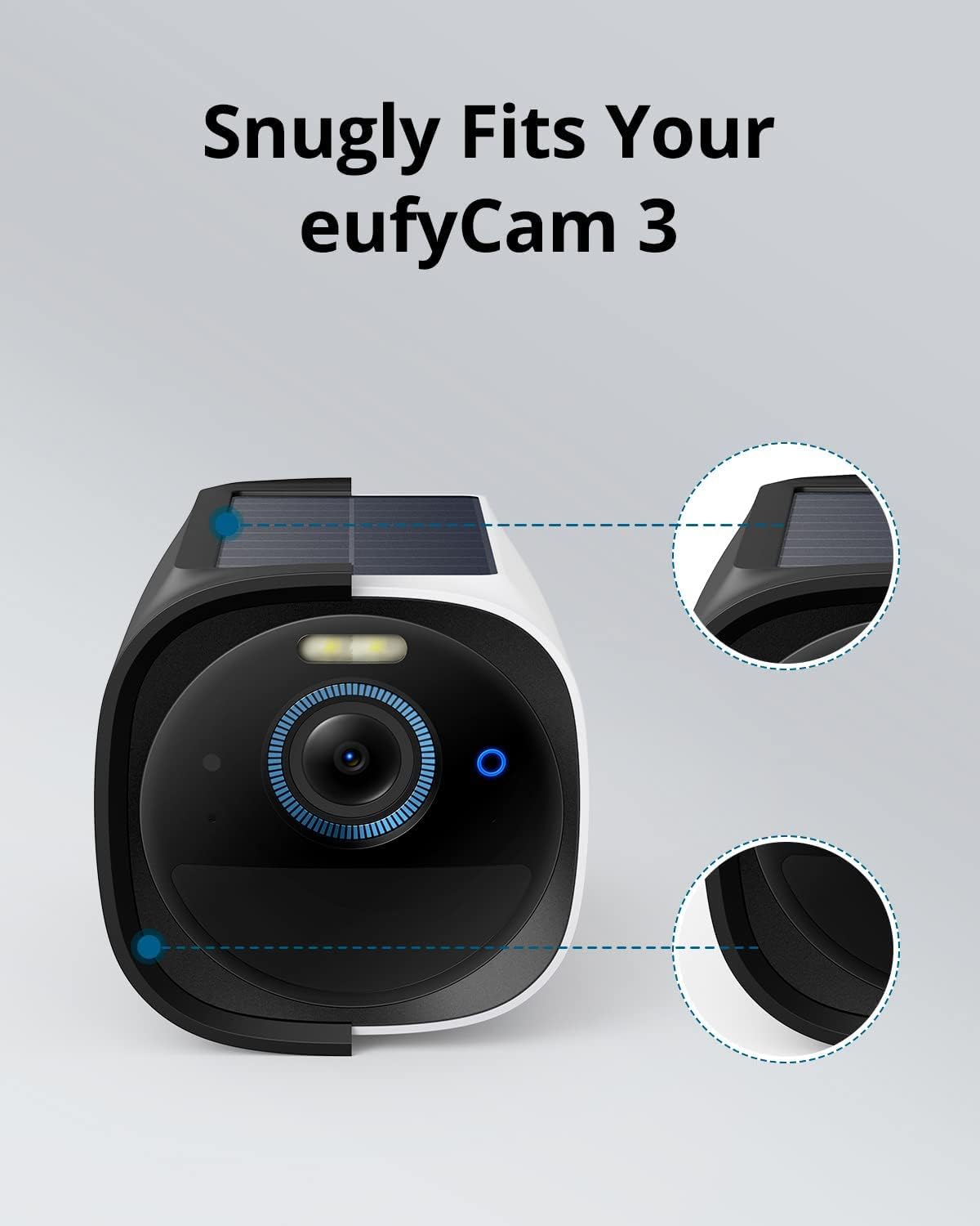 Close-up of a eufyCam 3 camera with a black silicone skin partially installed, highlighting the snug fit around the solar panel and camera body.
