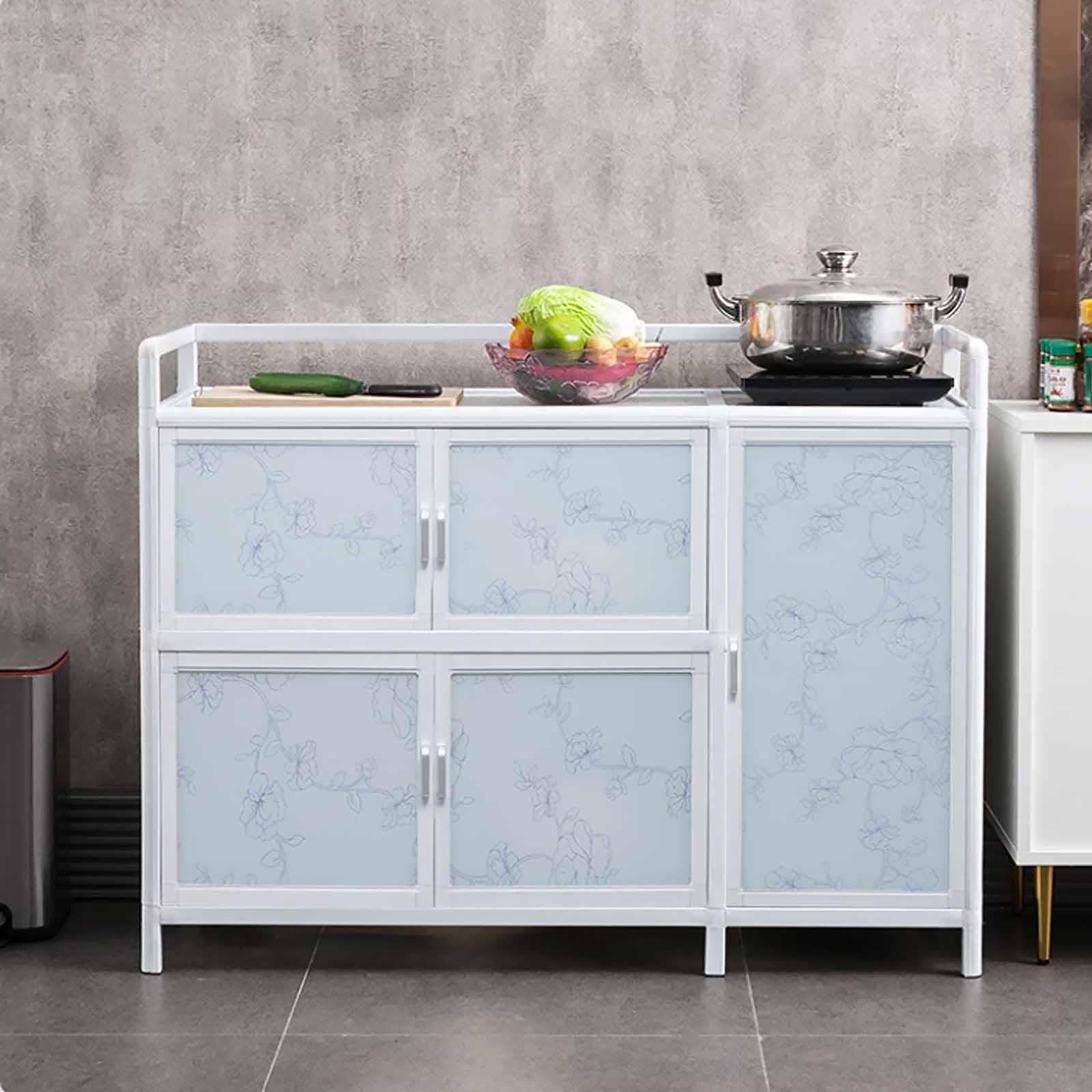Buffet Cuisine Multifonction Aluminium Blanc Niveaux Verre Trempé Rangement