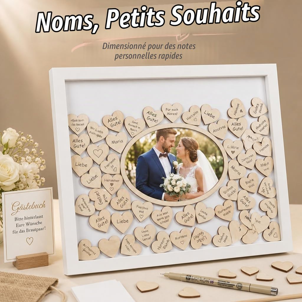 MIJOMA Cadre photo pour livre d'or – Cadre en bois blanc avec 72 cœurs en bois à écrire – Alternative au livre d'or pour mariage, baptême, anniversaire, décoration, souvenir à suspendre