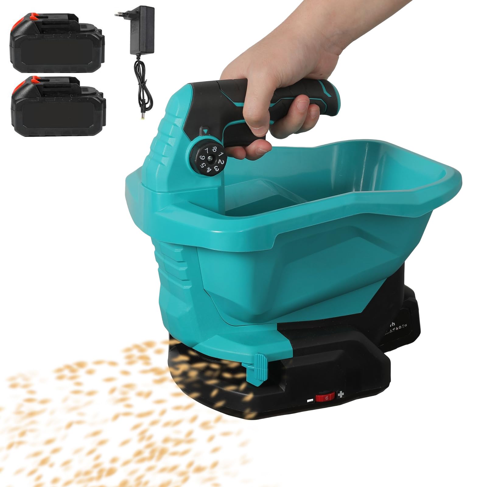 Épandeur D'engrais électrique sans Fil,3,3 litres,6 Vitesse et Régulateur 8 Positions,Adapté au Salage des Routes, au Déneigement et à l'ensemencement,Convient pour Ma-Kita~ Batterie (2 batteries)