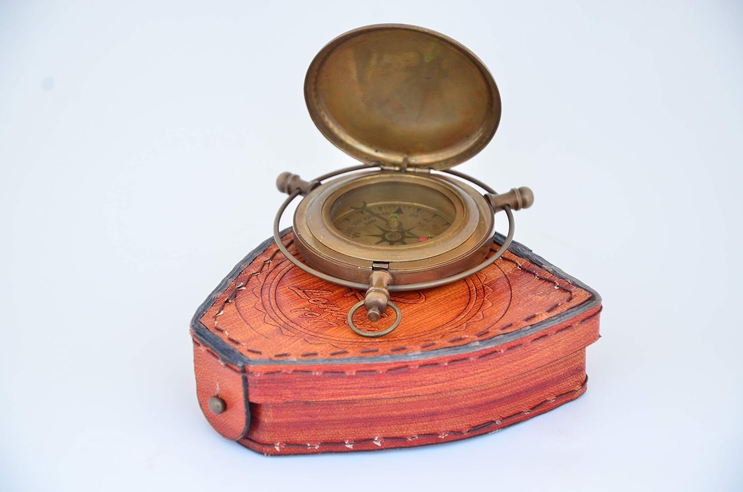 Handmade Antique Brass Compass London Brass Compass Push Button Compass with Leather Case for Camping and Hiking by Tenable Nautical mart 2