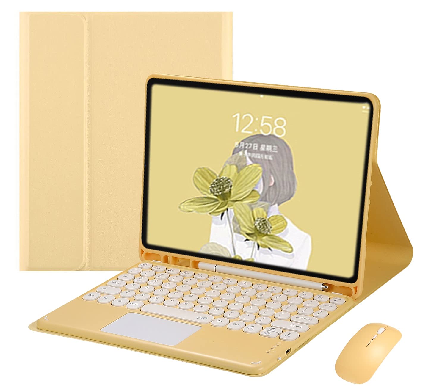 HENGHUI2021 iPad Pro 11 3rd Generation 2nd Generation Color Touch Keyboard Case with Bluetooth Mouse Cute Round Key TouchPad Detachable Trackpad Keyboard Cover (iPadPro11, Yellow)