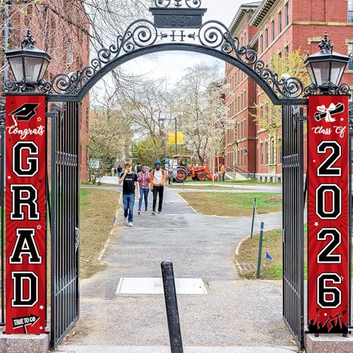 Image of Graduation Banner 2026 Graduation Decorations Red and Black Grad Banner Porch Sign Class of 2026 Door Decor Congrats Hanging Backdrop Red Black Grad Party Decor for School Congratulations Supplies