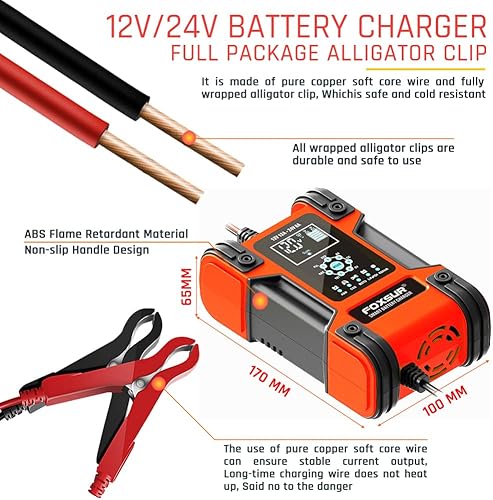Miniatura 4 de FOXSUR - Cargador de batería inteligente de 12 V, 24 V, 12 A, para automóviles y camiones, carga totalmente automática de 7 etapas, pantalla LCD,