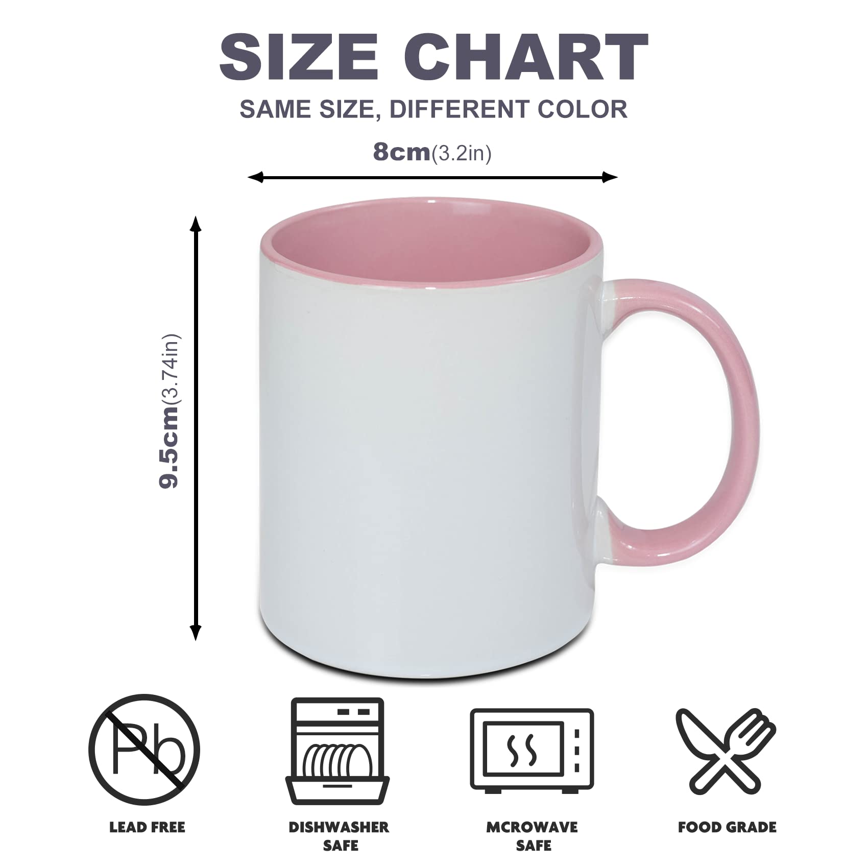 Sumex 11 once Set di 12 tazze da caffè in ceramica per sublimazione per tè, latte, latte, cacao caldo, interno rosa e manico