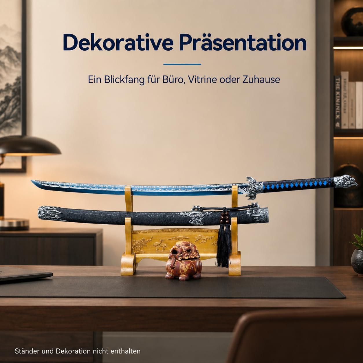 Katana Samurai Schwert - Japanisches Dekorationsschwert mit Blauer Klinge & Gravuren - Ungeschliffene Edelstahlklinge - ABS-Scheide - Perfekt für Sammler & Anime Deko