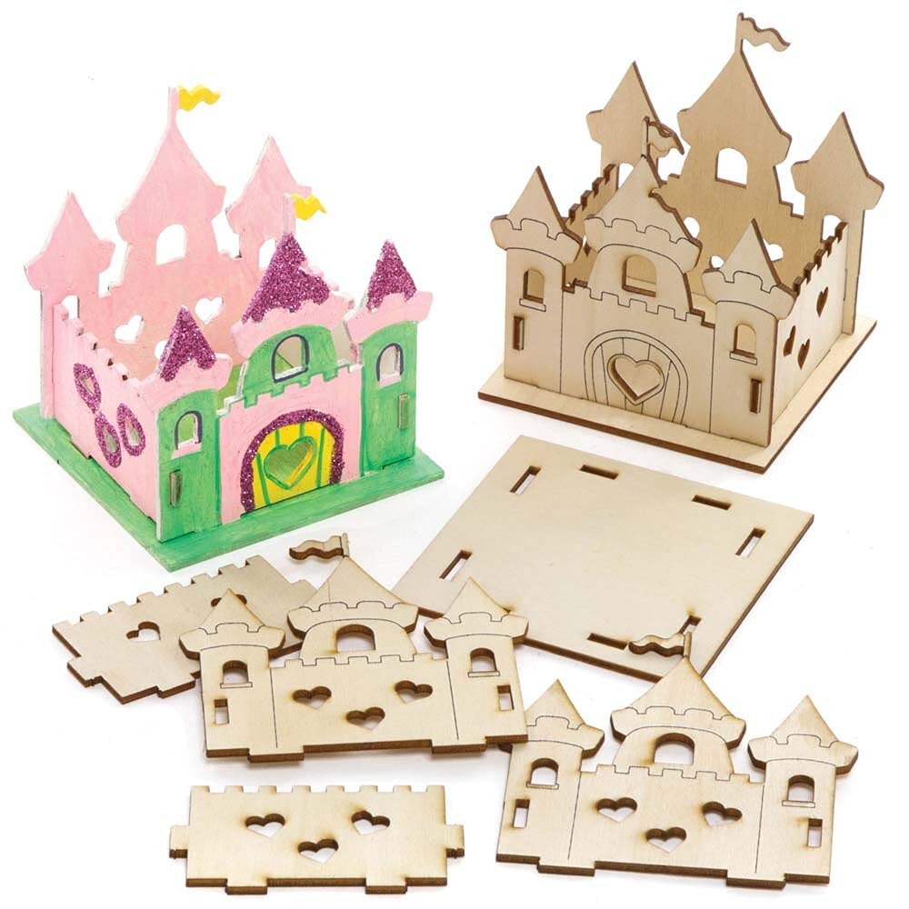 Baker Ross FE580 Castle Wooden Model Kit - Pack of 3, Tealight Holder to Decorate and Display, Ideal Childrens Arts and Crafts Project, Pink