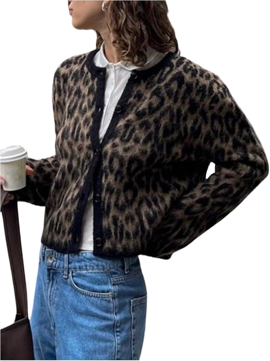 MakeMeChic Women's Furry Cheetah Print Cardigan Sweater Button Up Long Sleeve Outerwear