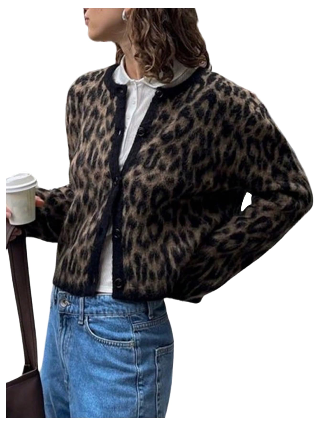 MakeMeChic Womens Furry Cheetah Print Cardigan Sweater Button Up Long Sleeve Outerwear