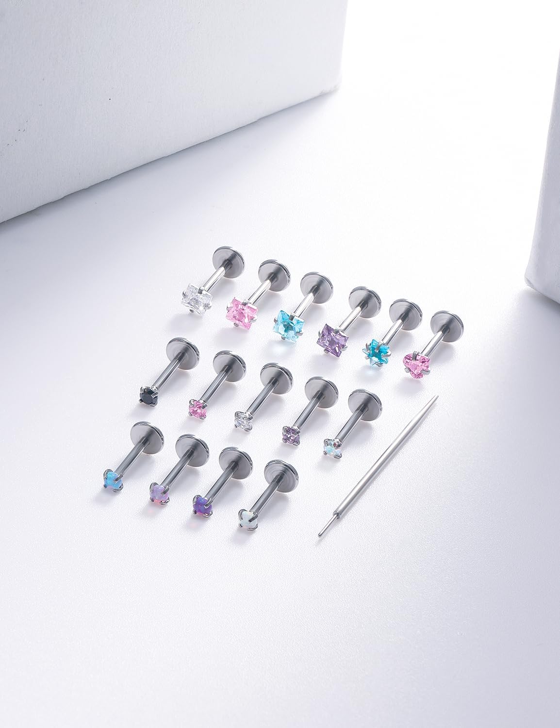 20G 18G 16G Threadless Nose Rings Studs Flat Back Earrings Surgical Stainless Steel Opal Nose Rings Stud Tragus Helix Conch Cartilage Earrings Piercing Jewelry For Women Men Hypoallergenic - Image 3