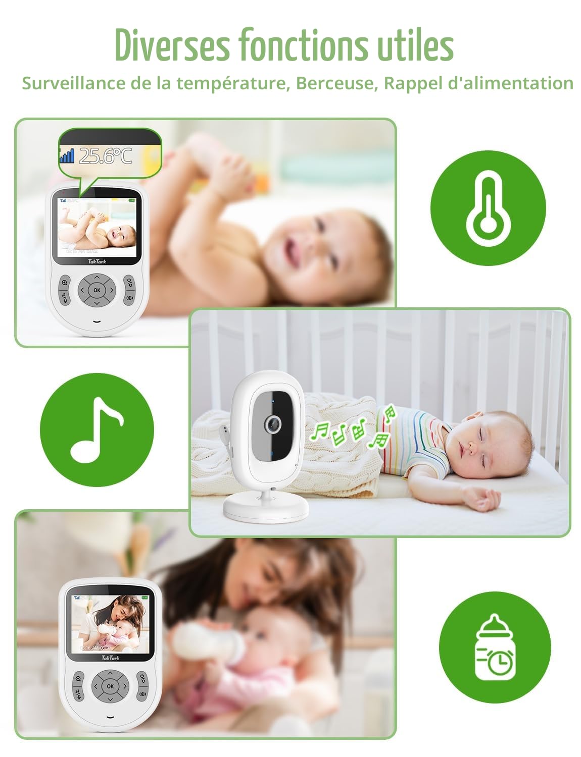 TakTark Babyphone avec caméra, 2,8" 720P HD IPS, avec portée de 1000 m, batterie de 20 heures, caméra sans Wi-Fi, VOX, conversation bidirectionnelle, vision nocturne, zoom 3 × et surveillance de la