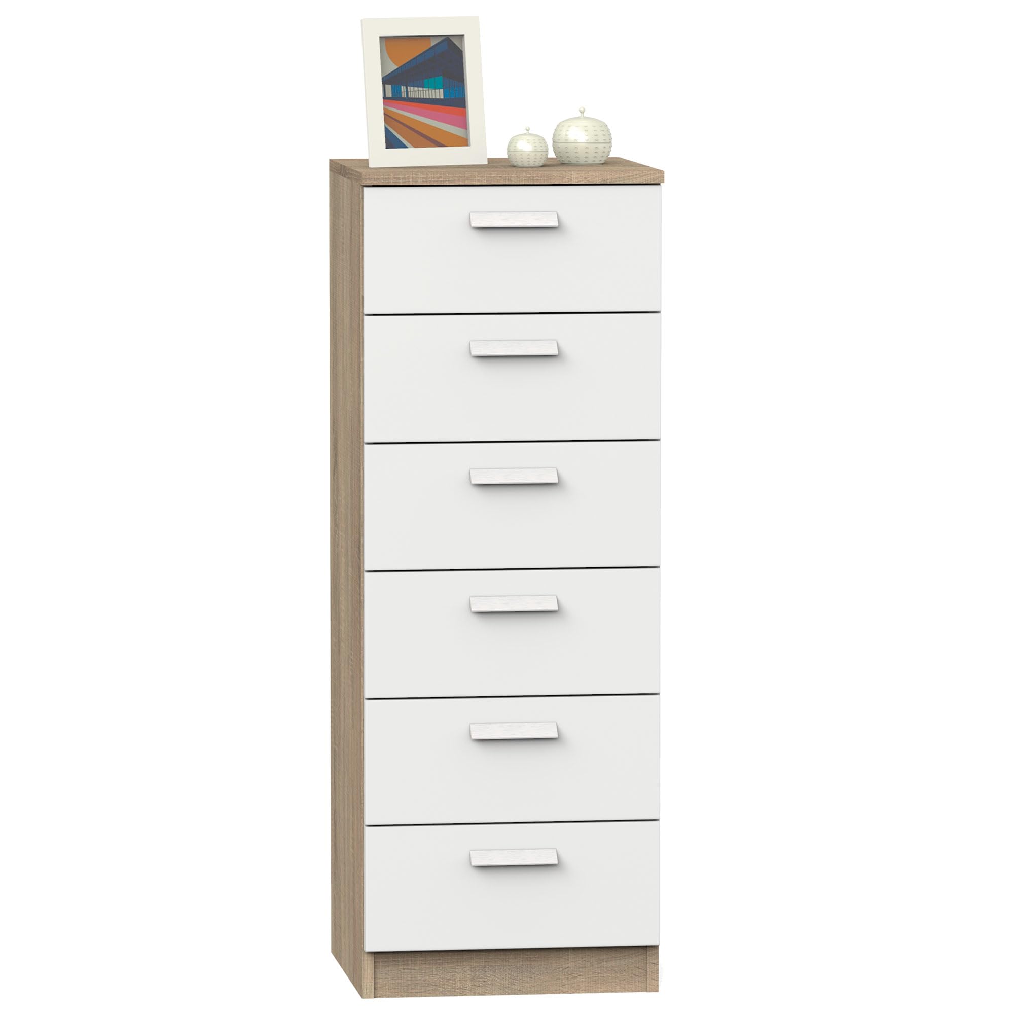 briebe Sinfonier Dormitorio Alto, Cómoda, Cajonera 6 Cajones, 110x40x40 cm (Alto x Ancho x Profundo), Habitación Matrimonio, Juvenil, Infantil, Nova, Roble Cambrian/Blanco