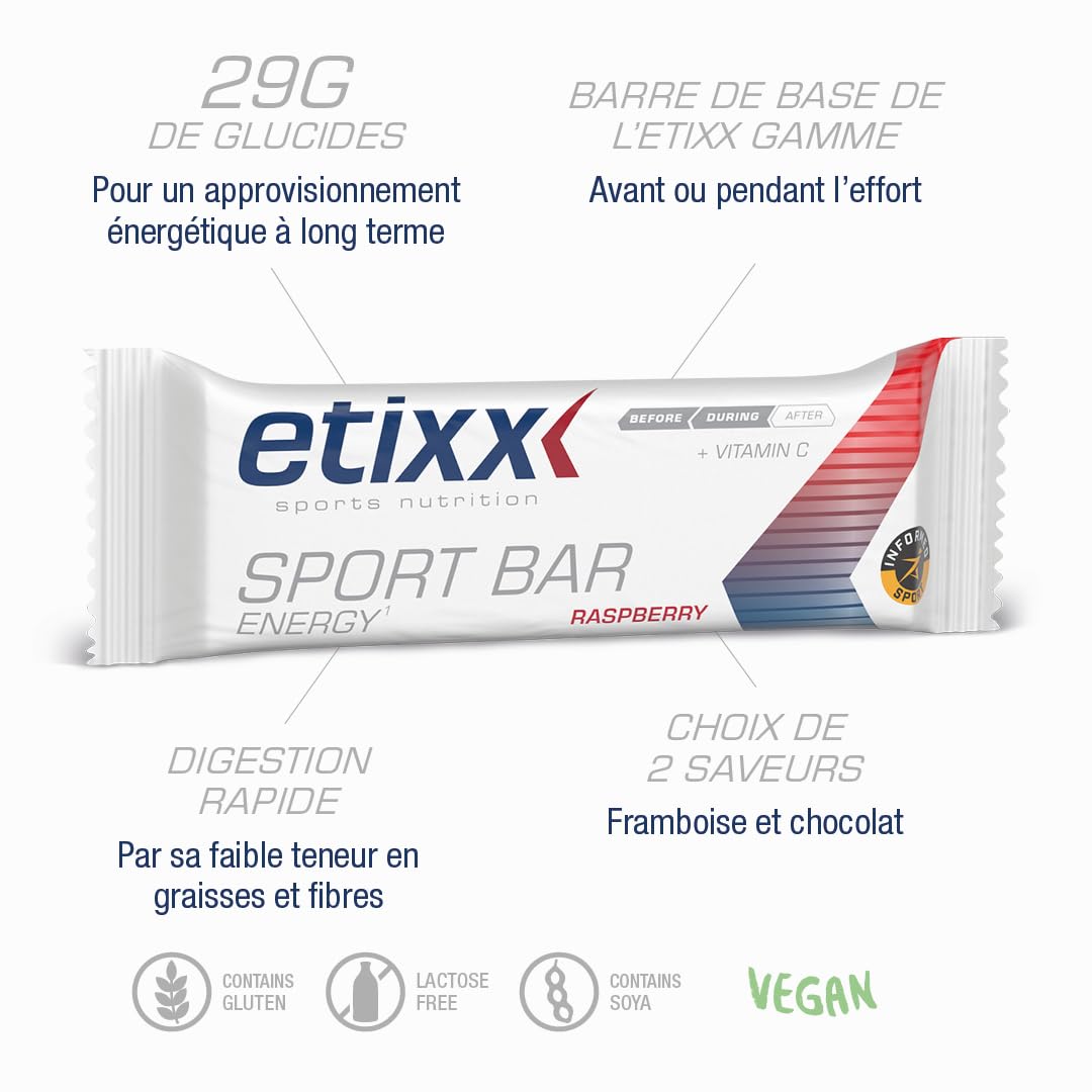 Etixx Energy Sport Bar - Saveur Framboise, 12 x 40g - Barre Énergétique pour Apport Rapide en Glucides, Idéale pour Sports d'Endurance