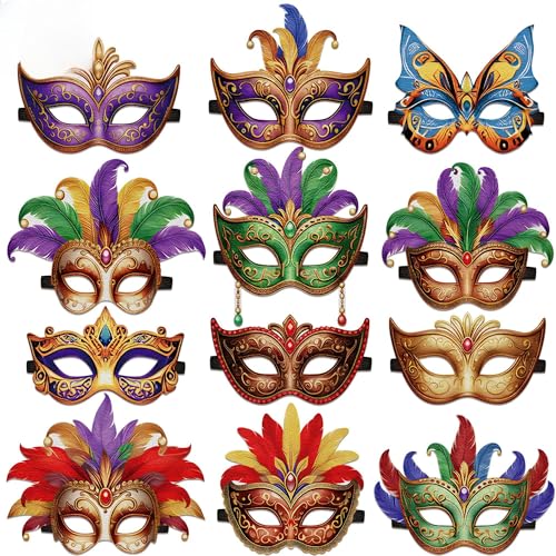 80UncleKimby 16PCS Retro Mardi Gras Masks Bulk Set: Party Decorations Carnival Favors(Felt)