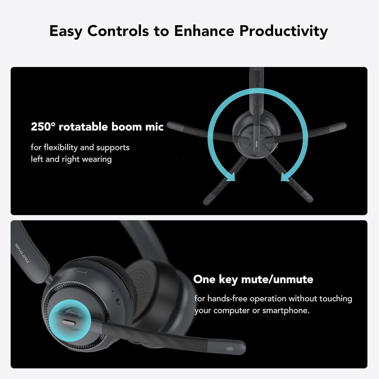 Nuroum HP31DU Bluetooth Headset mit Mikrofon Wireless, Geräuschunterdrückende Mikrofone für Anrufe mit Mute/USB Dongle Dual-Verbindung, 45H Laufzeit, Kabelloses Headset für PC/Mac/Laptop
