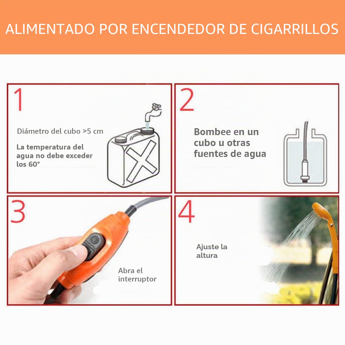 Riloer kit de ducha portátil para exteriores, duchas portátiles de camping de 12 V con bomba de agua, cable de 5 metros con toma de mechero, máximo 7 litros de agua por minuto compacto
