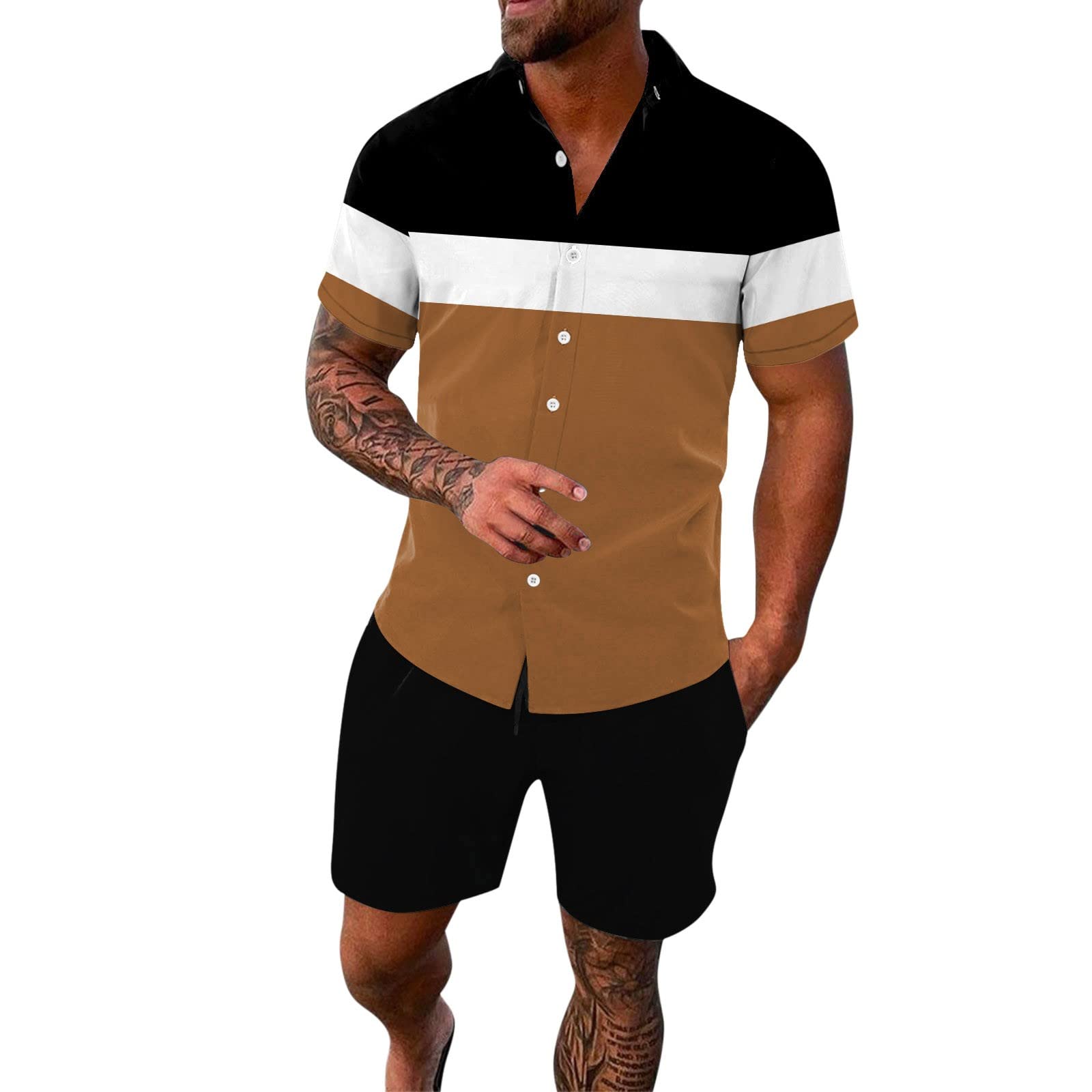 UYEAJNP2 Piece Hawaiian Sets for Men Color Block Short Sleeve Button Down Shirt and Shorts Tropical Aloha Outfits