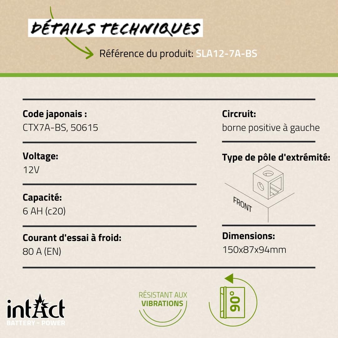 intAct - AGM BATTERIE MOTOCYCLE | Batterie pour scooter, moto, quad, etc. Batterie sans entretien & anti-fuite | SLA12-7A-BS, CTX7A-BS, 50615, batterie 12V, 6 AH (c20), 80 A (EN) | Dim: 150x87x94mm