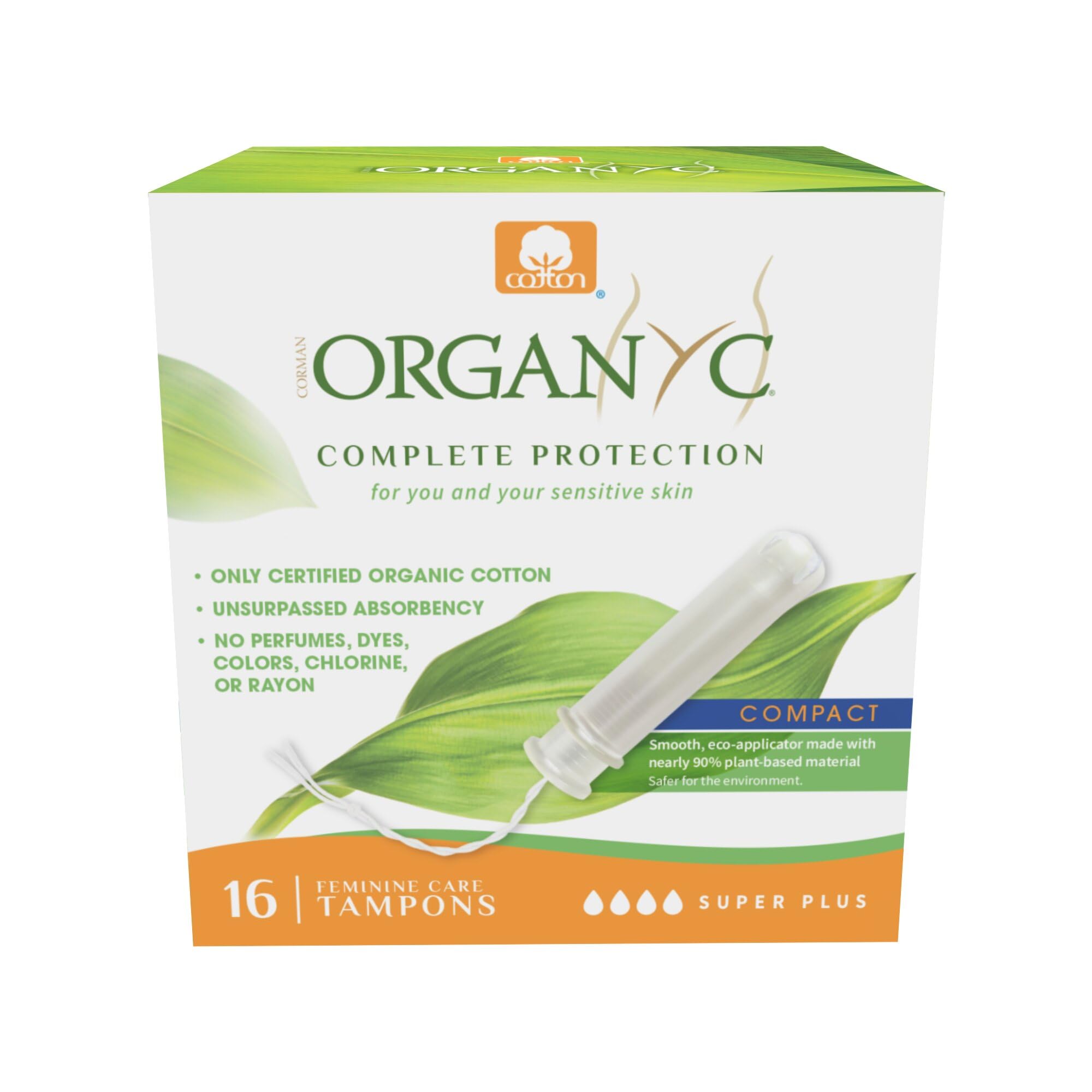 Organyc 100% Certified Organic Cotton Tampons, Plant-Based Eco-Applicator, Super Plus Flow, 16 Count