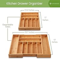 Vista 3 de Purawood Bamboo Drawer Organizer - Expandable Silverware Organizer & Utensil Drawer Organizer, Cutlery Tray with Dividers, 7-9 Slots- Kitchen Natural
