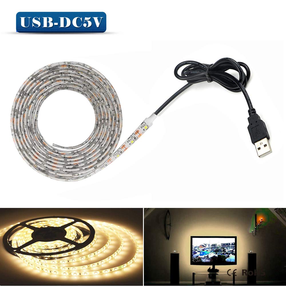 LED Strip Lights, USB TV Backlight 6.56ft/2m LED Lights for 40~60in HDTV, Waterproof SMD 3528 5V Warm White Bias Lighting, Reduce Eye Strain, Improve Contrast.USB Bias Lighting for Home Theater - Image 2
