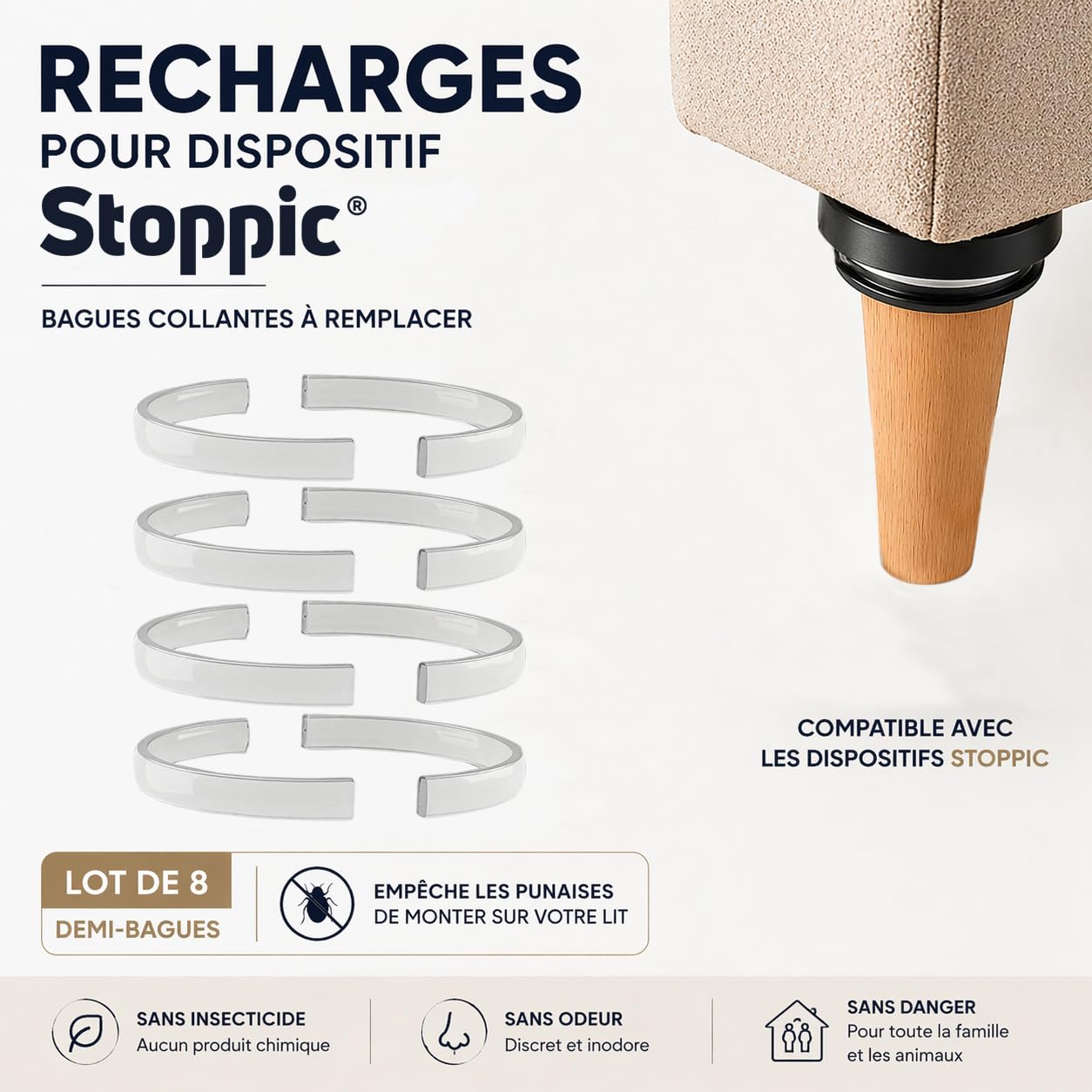 recharges piège Punaise de lit – bagues engluées Anti punaises de lit pour Pieds de lit et literie – sans Produit Chimique – Lot de 8 Demi-bagues compatibles