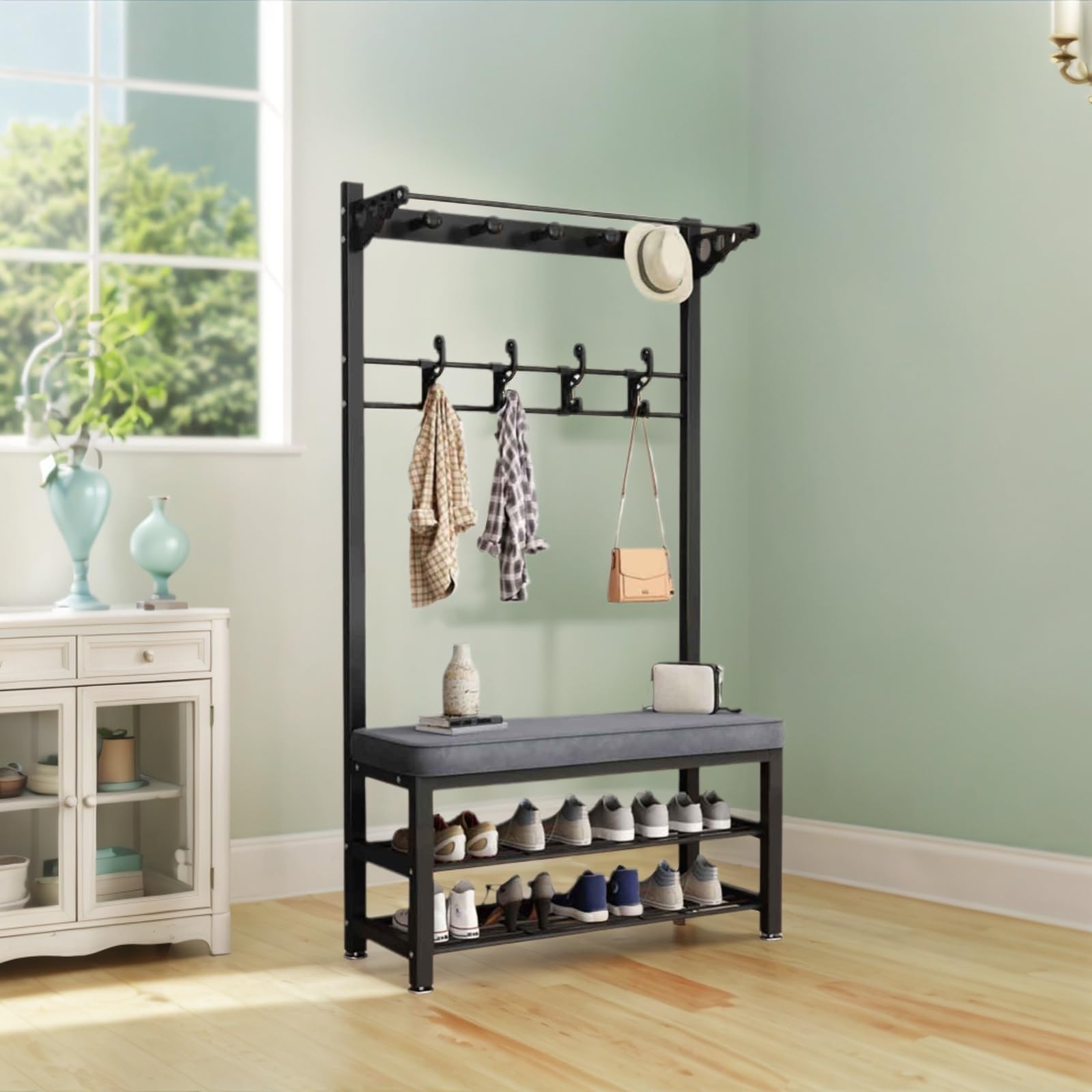 GHFXSCV Entryway Bench with Coat Rack & Shoe Sto - Metal e, Adjustable Feet, Easy Assembly for Hallway, Living Room, Mudroom nizat