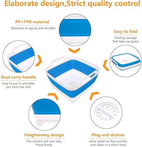 Miniatura 2 de Lavaplatos plegable de 2.4 galones (9L) con tapón de drenaje, para exteriores, multiuso, ahorro de espacio, bandeja de almacenamiento de cocina para