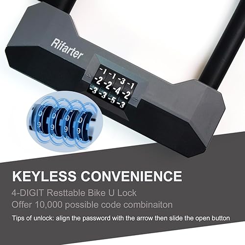 Miniatura 3 de Candados de bicicleta resistentes antirrobo, combinación de bloqueo en U de 0.709 in con cable de acero de 5 pies, 4 dígitos reiniciable, cerradura