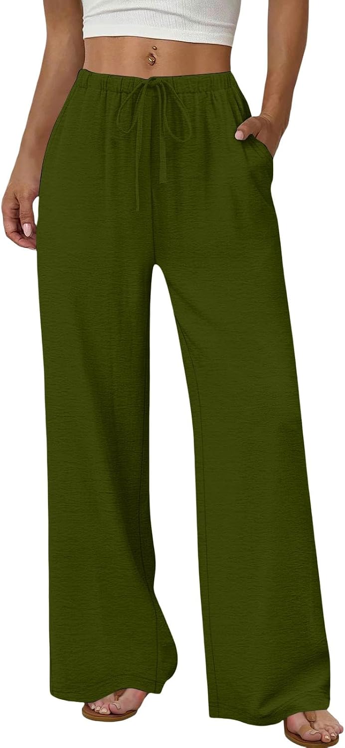 Elastic Waist Flowy Wide Leg Palazzo Trousers, Pocketed Lightweight Pants for Womens Summer Beach Vacation Outfits