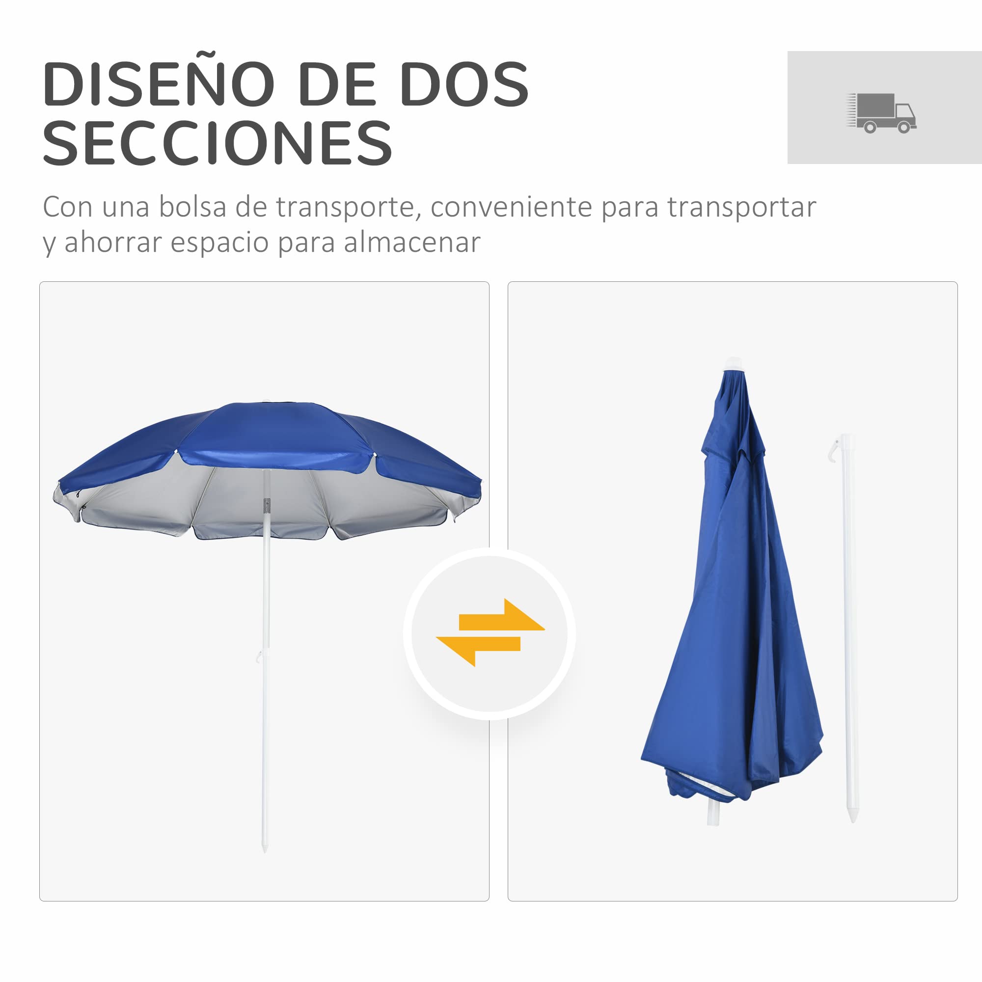 Outsunny Sombrilla de Playa con Panel Lateral Parasol Ø191x211 cm Azul | para Terraza, Manivela Manual, Techo Inclinable, 2 Bolsillos, 2 Ventanas, para Jardín Piscina