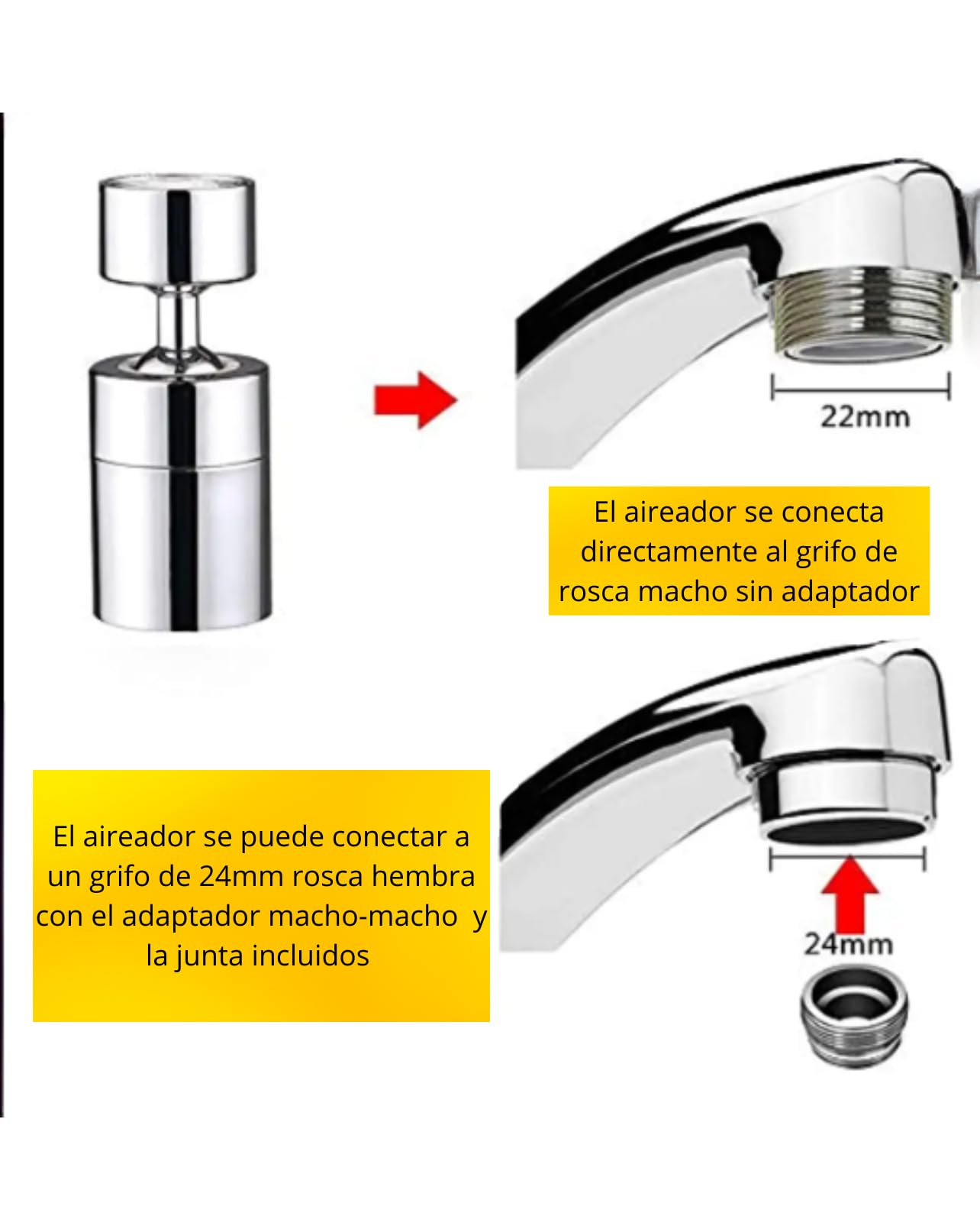 Aireador extensor grifo cocina, Grifo 360° Giratorio, Aireador Grifo Cocina y baño, Atomizador Grifo, Adaptador grifo cocina para Lavabos de Cocina y Baño, Rosca interna 22 mm