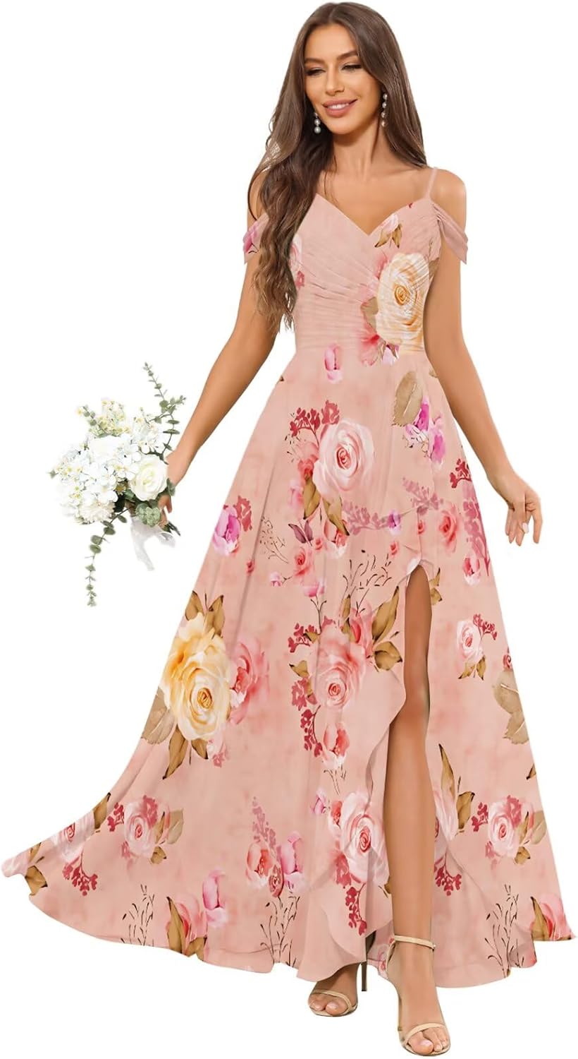 Off the Shoulder Bridesmaid Dresses for Women Pleated Ruffle Chiffon Wedding Guest Dresses