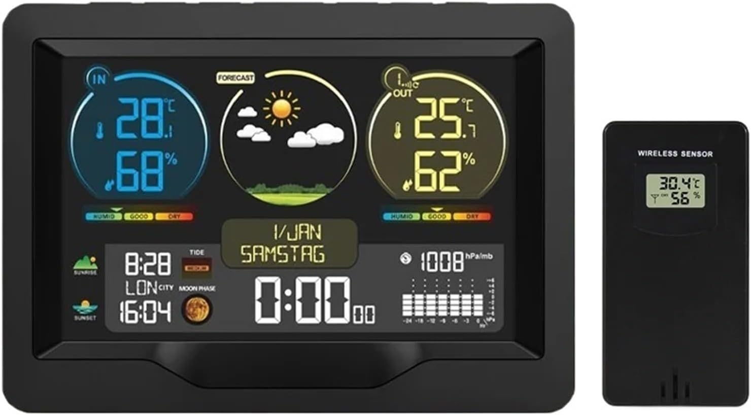FJ3383M Sunrise and Sunset Weather Station Clock Indoor Outdoor Temperature Humidity Meter Multifunctional Large Color Screen(with 1 Black Sensor)