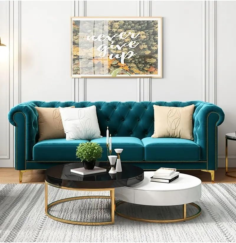 Image of Modern Classic 5 Seater Fabric & Valvet Tufted 3+1+1 Chesterfield Sofa Living Room and Office (Teal Green 3+1+1 Seater Sofa Set)