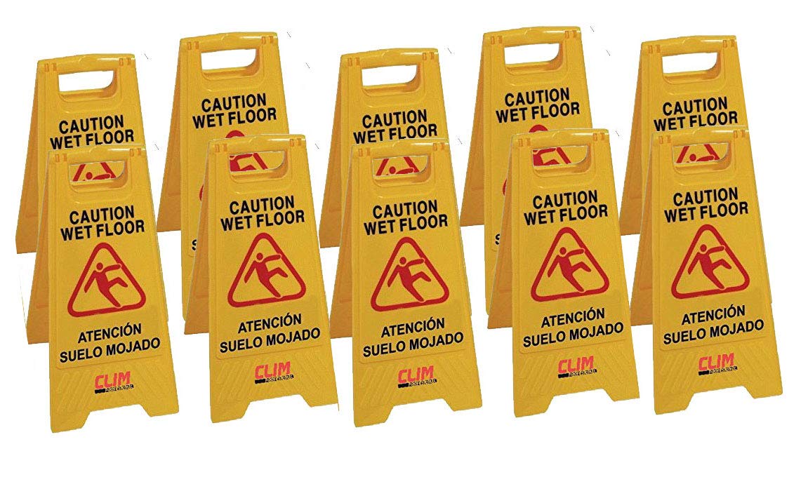 Clim Profesional 10 Señales de Advertencia de Pavimento o Suelo Mojado en Color Amarillo. Especial para Empresas y Grandes Superficies. Pictograma en Español e Inglés. 30x63cms