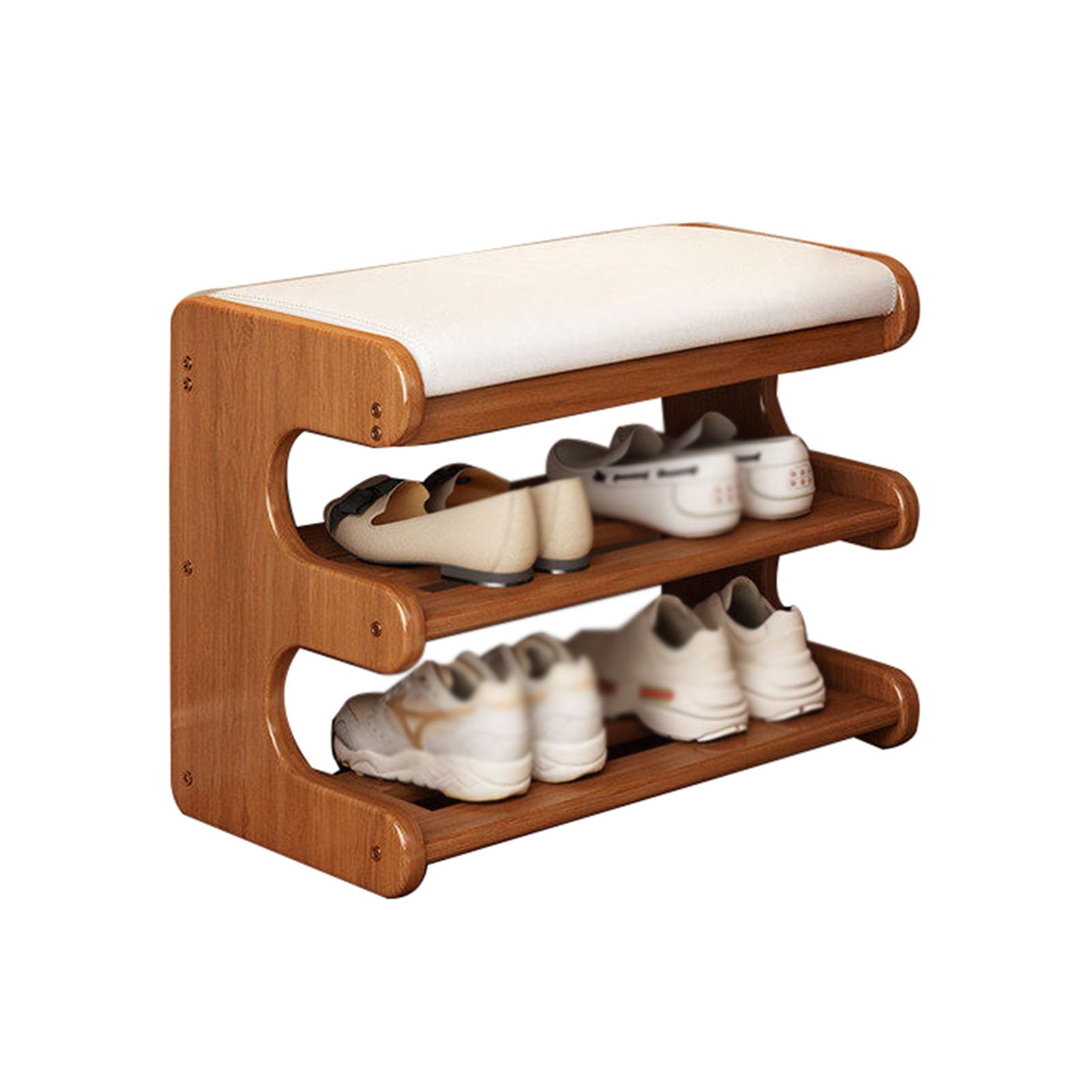 Banc chaussures entrée marron banquette rangement chaussures 2 niveaux cuir souple 55x29x40cm