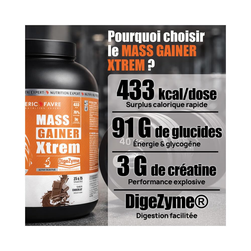 MASS GAINER XTREM avec CREATINE - Gainer Prise de Masse - 433 kcal, 94g Glucides, 3g Créatine, Whey + Digezyme - 3kg - Saveur Chocolat - Eric Favre