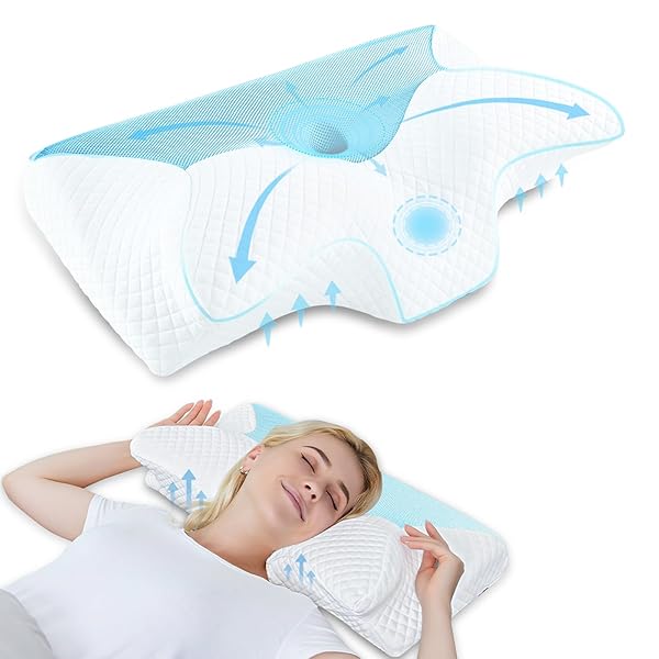 HOMCA Cervical Memory Foam Pillow, Orthopedic Neck Support Pillow, Ergonomic Pillows for Side and Mouth Up Sleeping, Blue